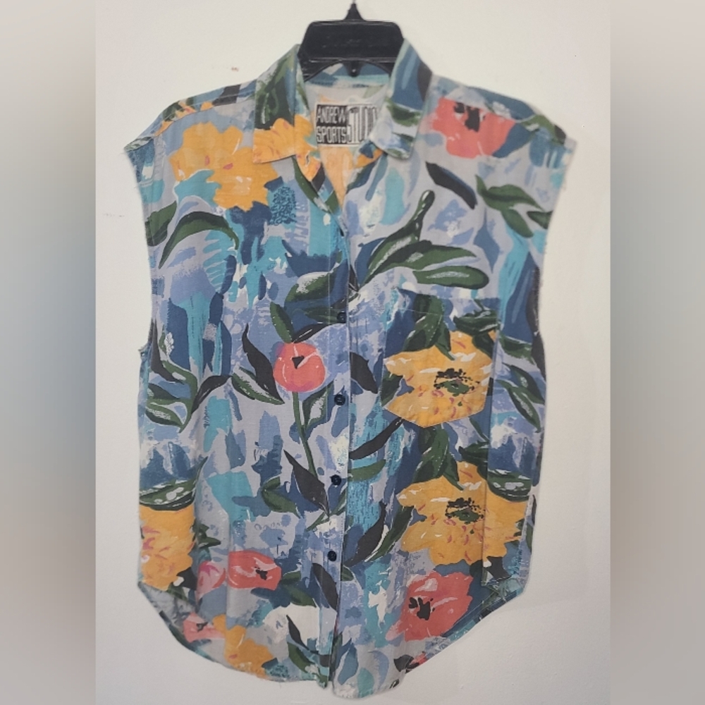 Andrew Sports Studio Floral Sleeveless Button-Up Vintage Shirt Medium